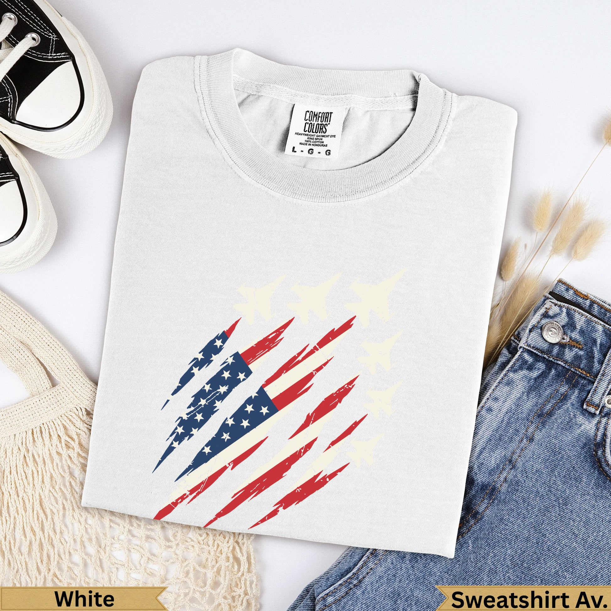 White Comfort Colors sweatshirt with distressed USA flag and jet design.