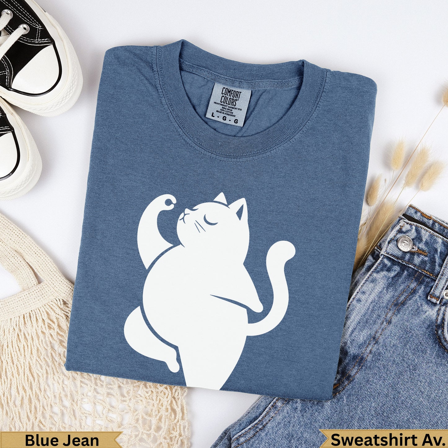 Blue Jean Comfort Colors heavy t-shirt with white cat graphic.