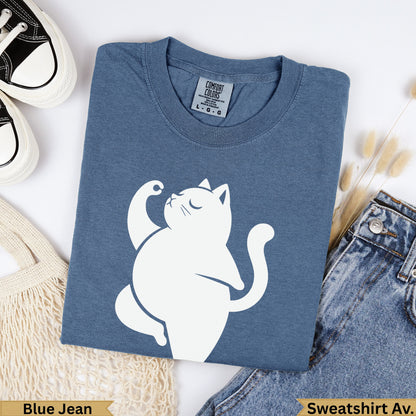 Blue Jean Comfort Colors heavy t-shirt with white cat graphic.