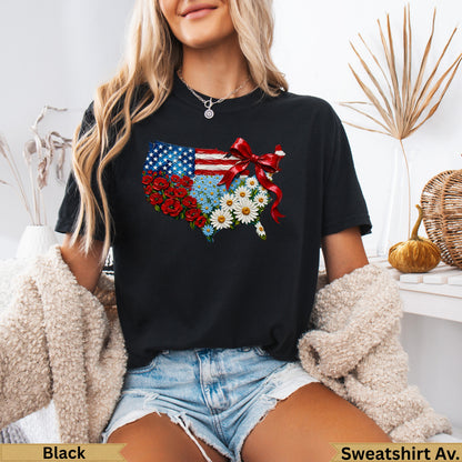 Black t-shirt with USA map made of American flag and floral pattern.