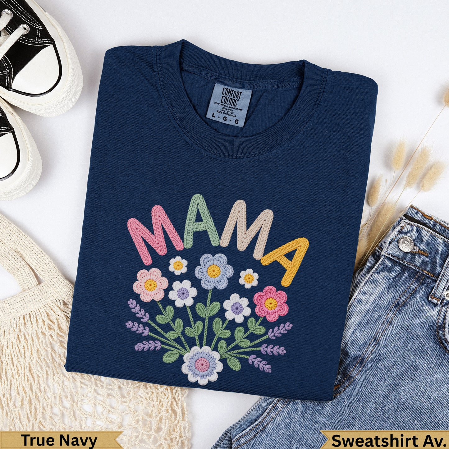 Navy blue sweatshirt with "MAMA" embroidered above a floral bouquet.