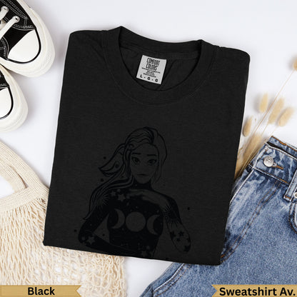 Black Comfort Colors heavyweight cotton t-shirt with moon phase graphic.