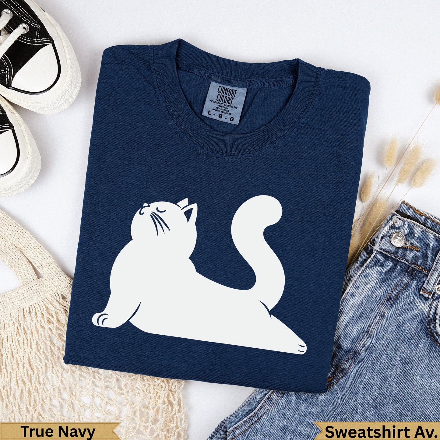 Navy blue sweatshirt with a white cat graphic, "True Navy" text.