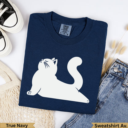 Navy blue sweatshirt with a white cat graphic, "True Navy" text.