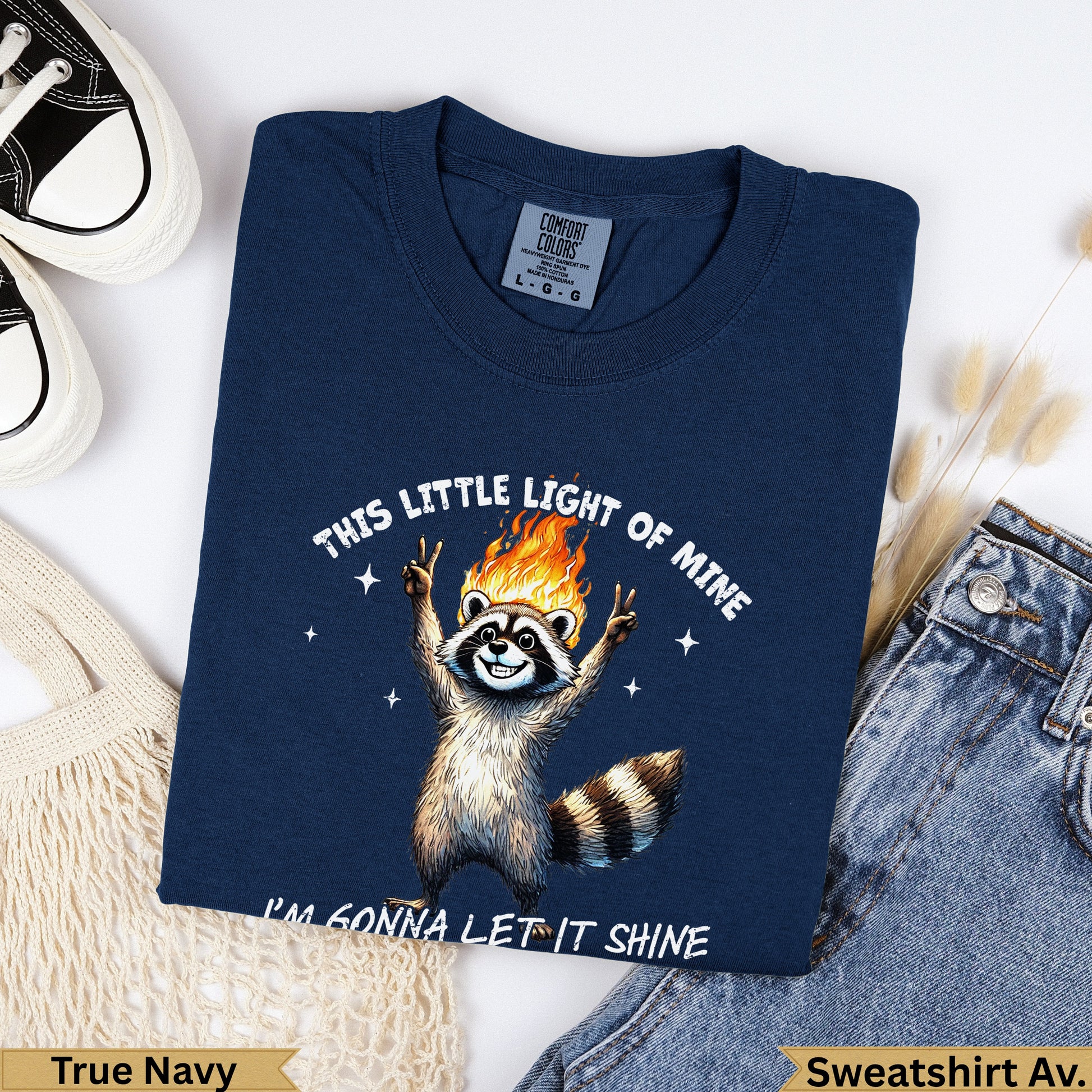 Navy blue graphic sweatshirt with raccoon and "This Little Light of Mine" text.