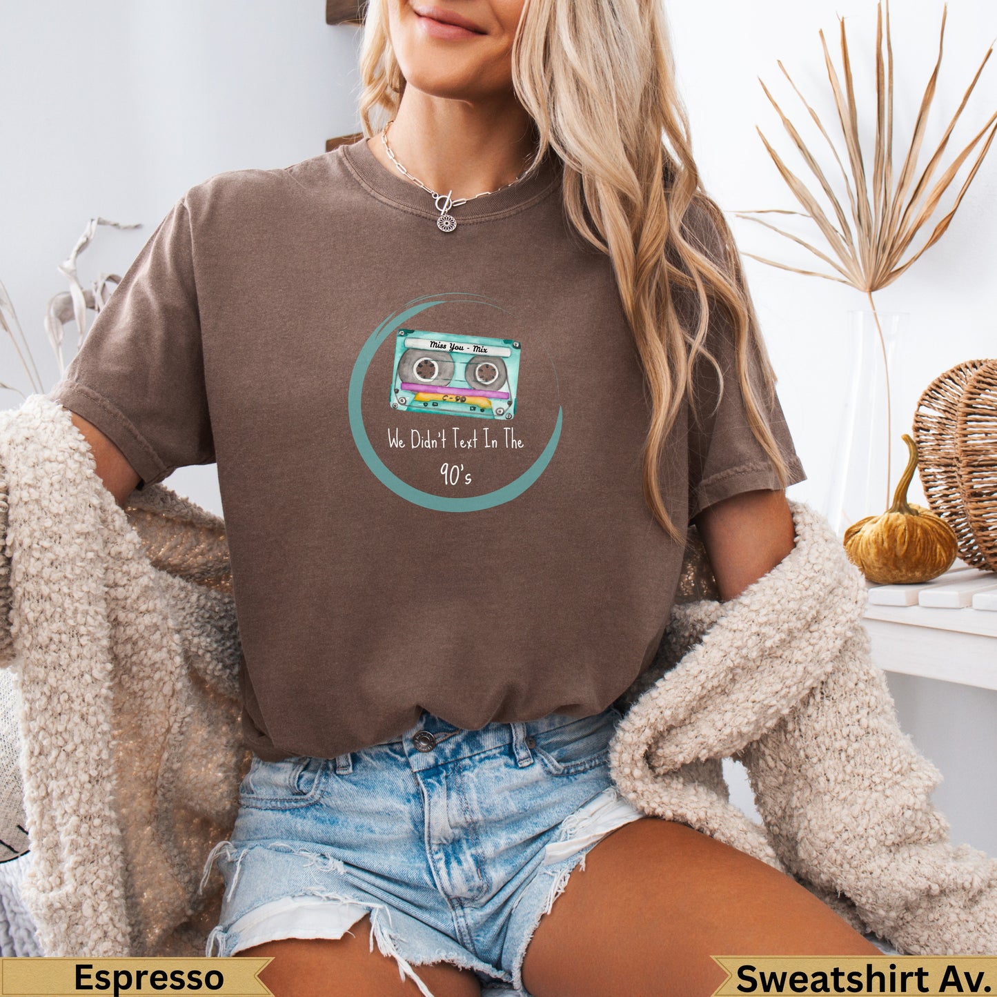 Brown graphic sweatshirt with cassette tape design and "We Didn't Text In The 90's".