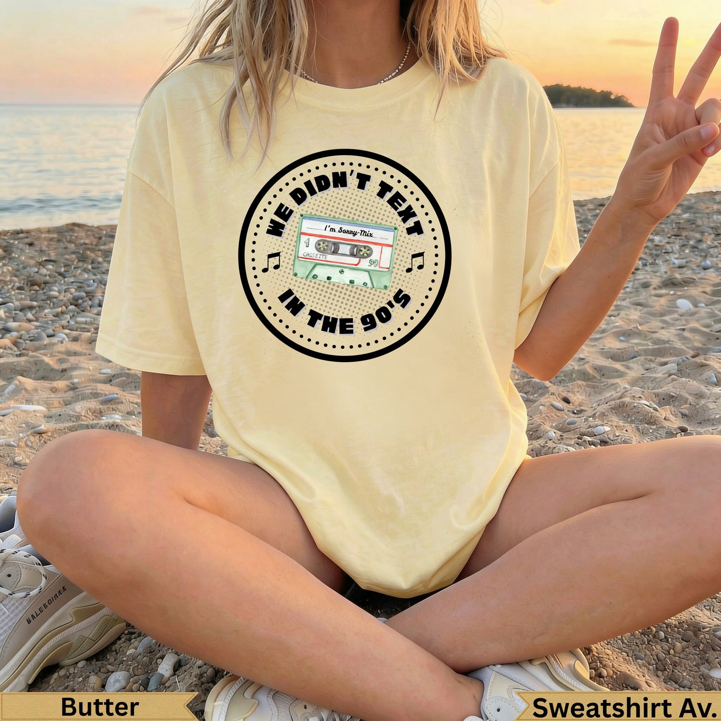 Light yellow t-shirt with "I'm Sorry, Mix tape in the 90's" graphic.
