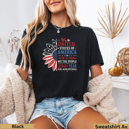 Black t-shirt with "United States of America 1776 to 2026" text.