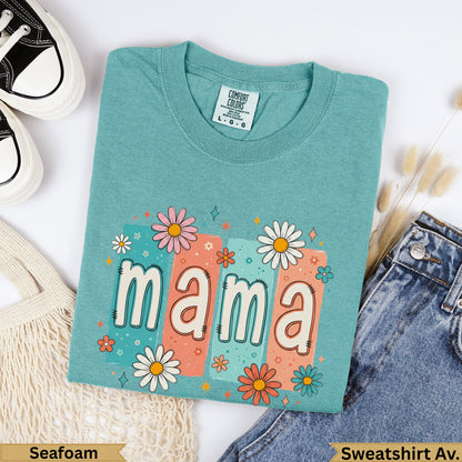 Teal mama sweatshirt with floral accents and size tag.