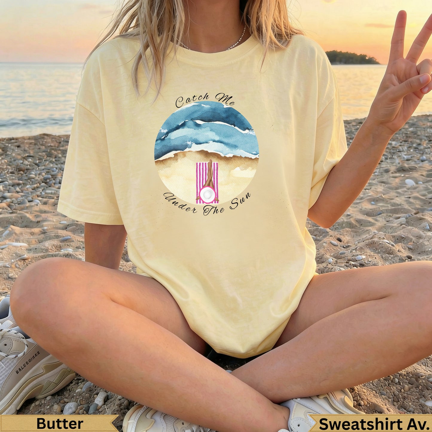 Butter yellow t-shirt with "Catch Me Under the Sun" text and ocean graphic.