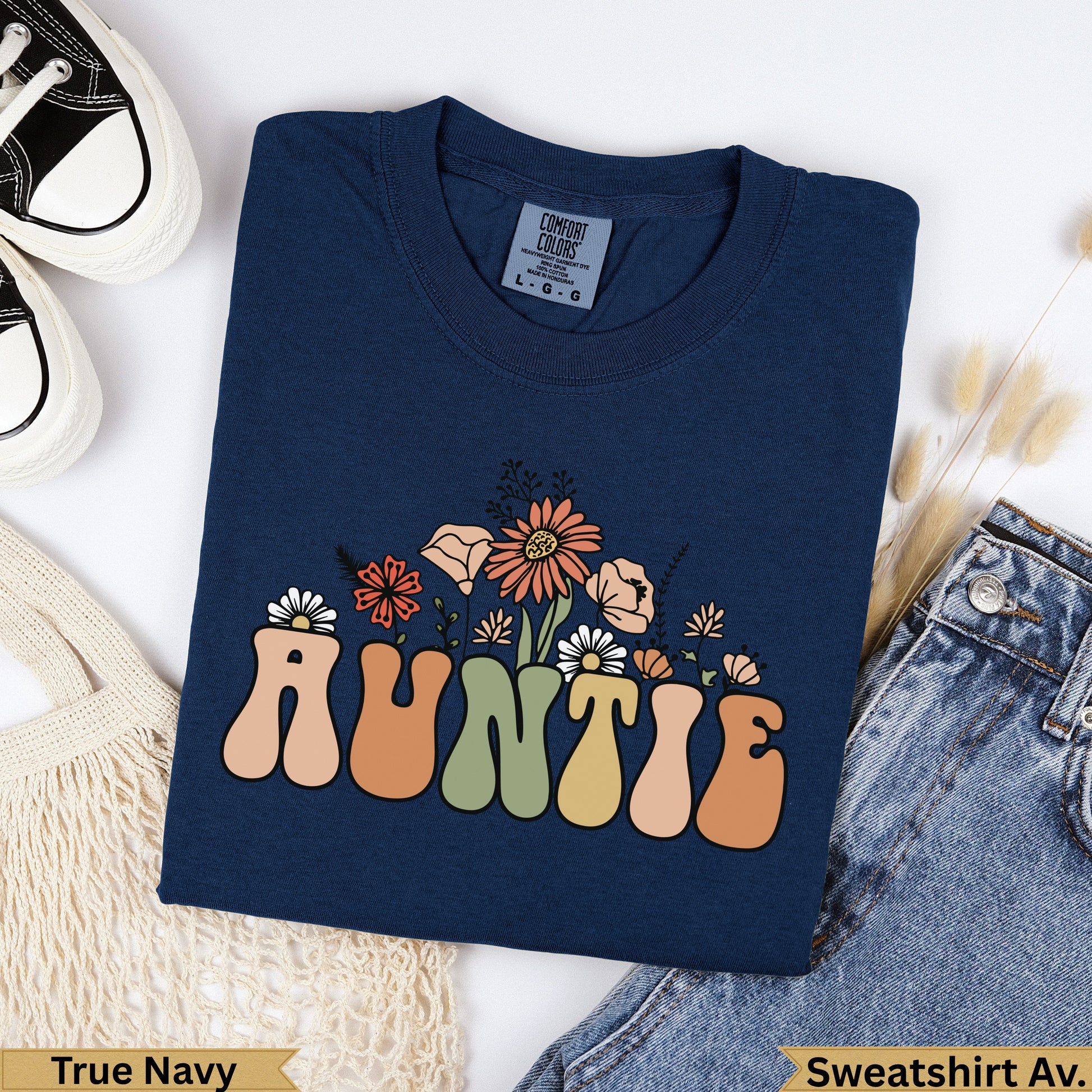 Navy sweatshirt with "Auntie" and floral design in retro font.