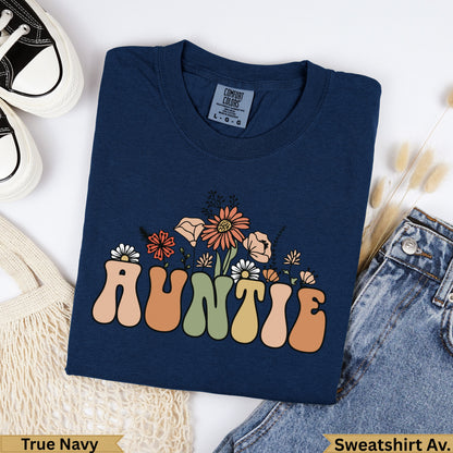 Navy sweatshirt with "Auntie" and floral design in retro font.