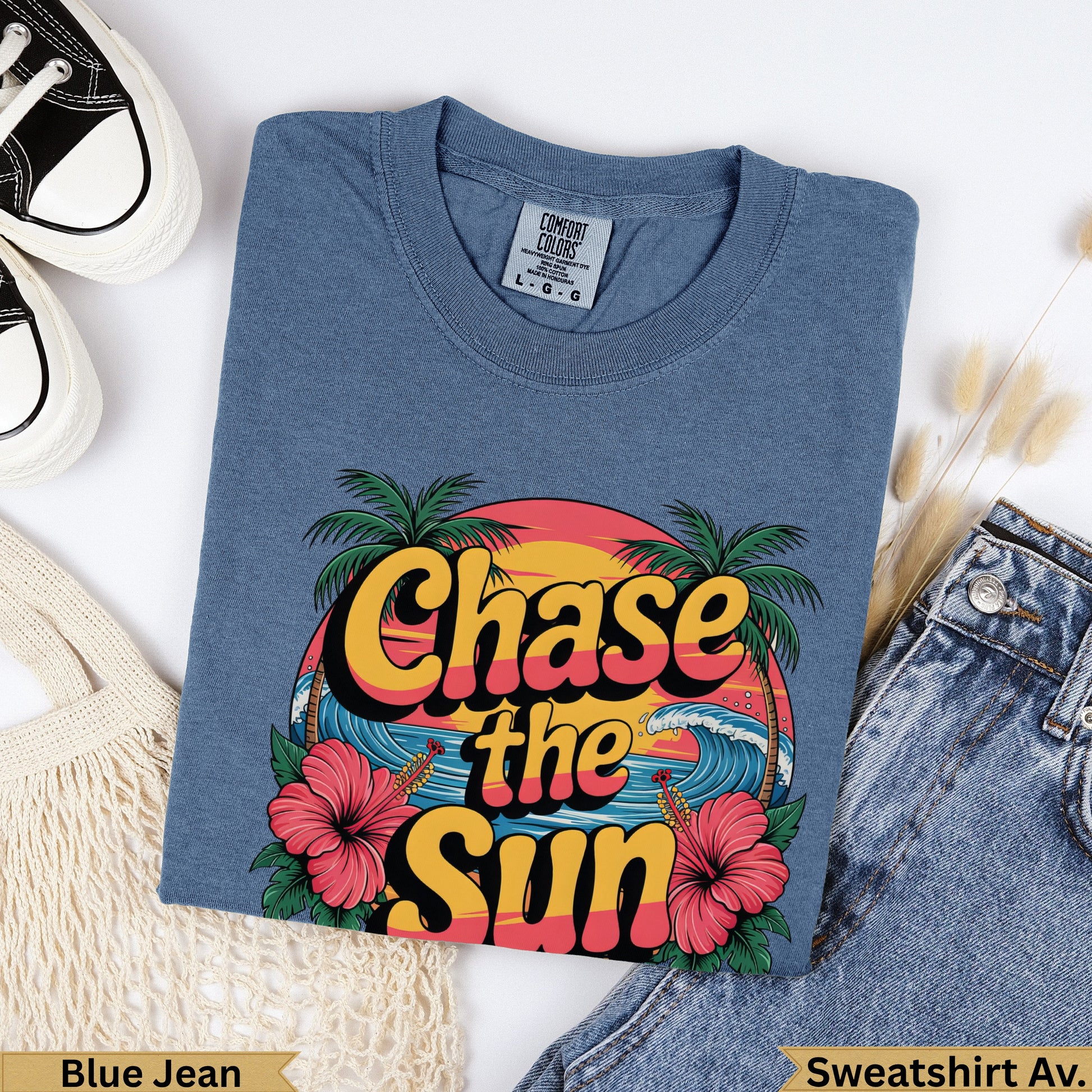 Blue Jean Comfort Colors t-shirt with "Chase the Sun" graphic.