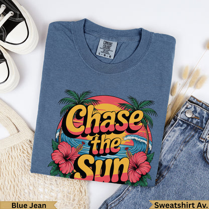 Blue Jean Comfort Colors t-shirt with "Chase the Sun" graphic.