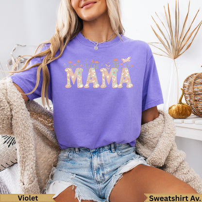 Purple crewneck t-shirt with floral "MAMA" graphic.