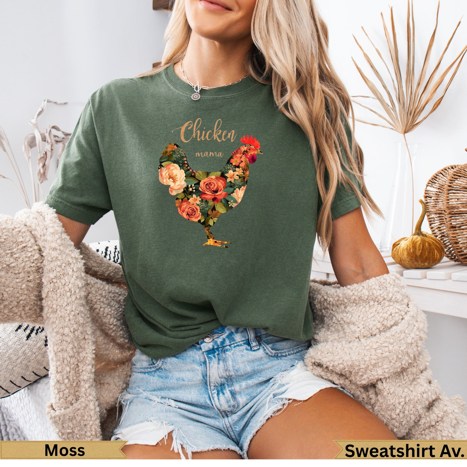 Green t-shirt with floral chicken graphic and "Chicken mama" text.