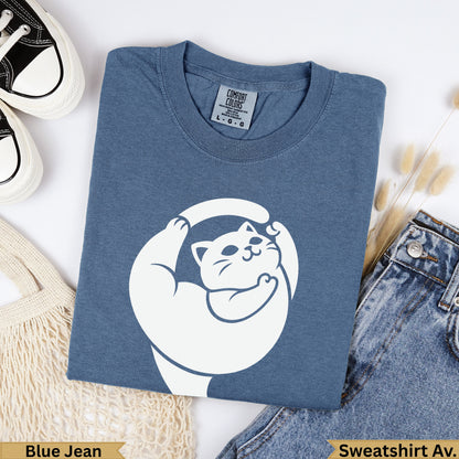 Blue Jean Comfort Colors sweatshirt with white cat graphic and "Sweatshirt Av." text.