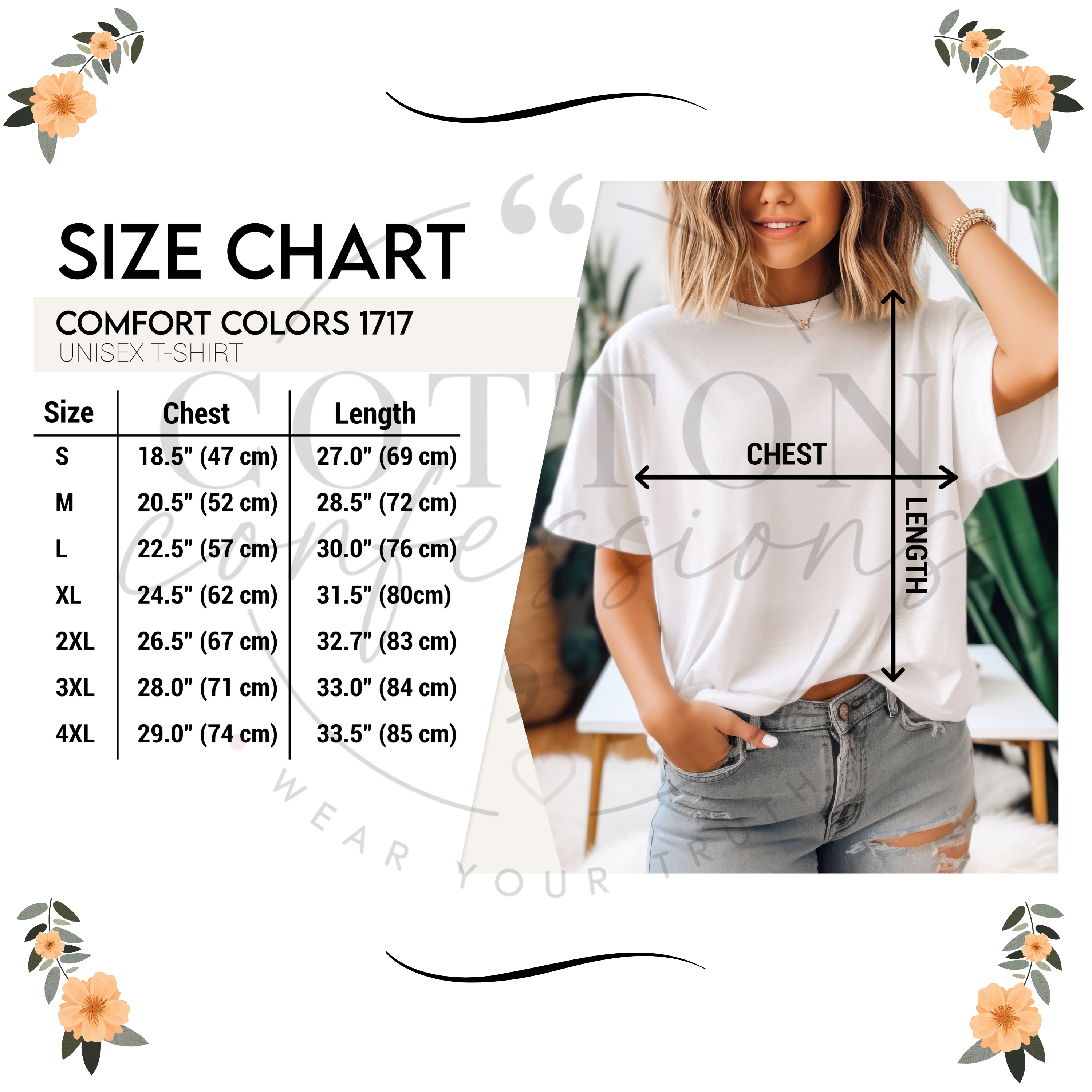 Comfort Colors 1717 unisex t-shirt size chart with chest and length measurements.