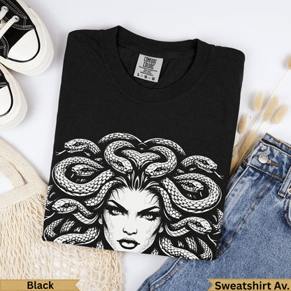 Black Comfort Colors heavyweight cotton t-shirt with Medusa graphic.