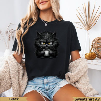 Black graphic t-shirt with fluffy black cat holding a coffee mug.