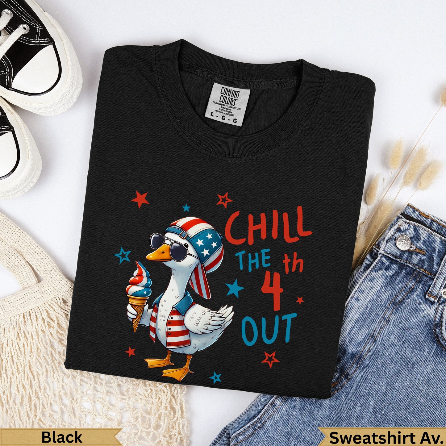 Black t-shirt with a duck wearing sunglasses holding an ice cream cone, "Chill the 4th Out".