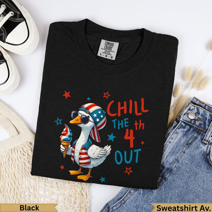 Black t-shirt with a duck wearing sunglasses holding an ice cream cone, "Chill the 4th Out".