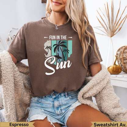 Brown t-shirt with "Fun in the Sun" graphic featuring palm trees and surfboard.