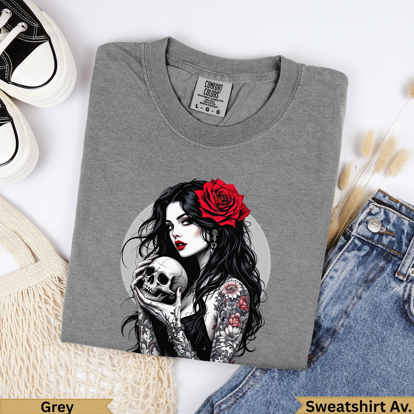 Grey Comfort Colors sweatshirt with a woman holding a skull and a red rose.