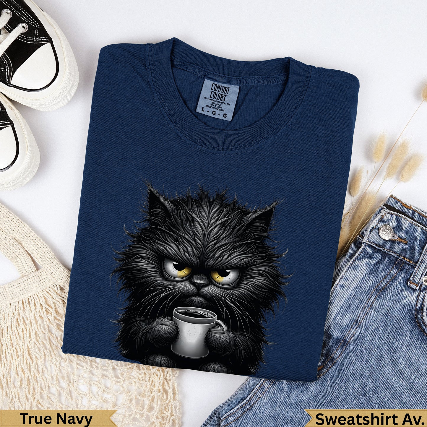 Navy Comfort Colors sweatshirt with a fluffy black cat holding a coffee mug.