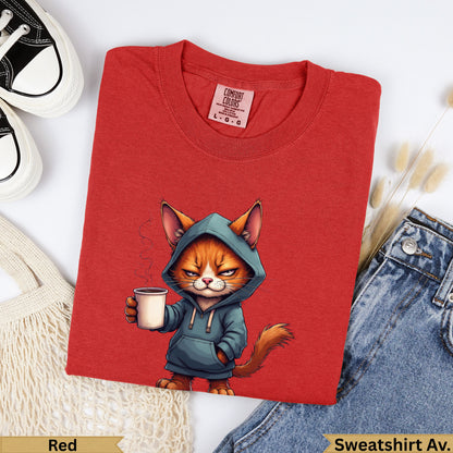 Red Comfort Colors sweatshirt with a cartoon cat in a hoodie holding a coffee cup.