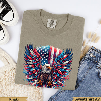 Eagle with American flag wings on khaki sweatshirt, denim and canvas bag.