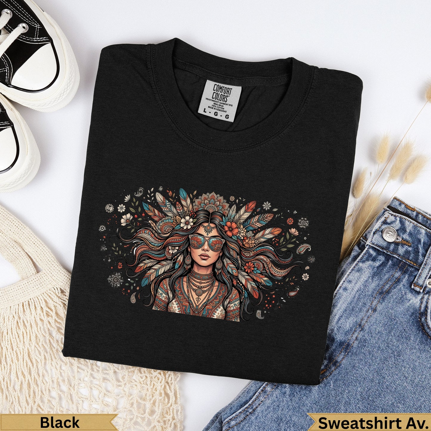 Black crewneck sweatshirt with a graphic of a woman with bohemian floral headwear.