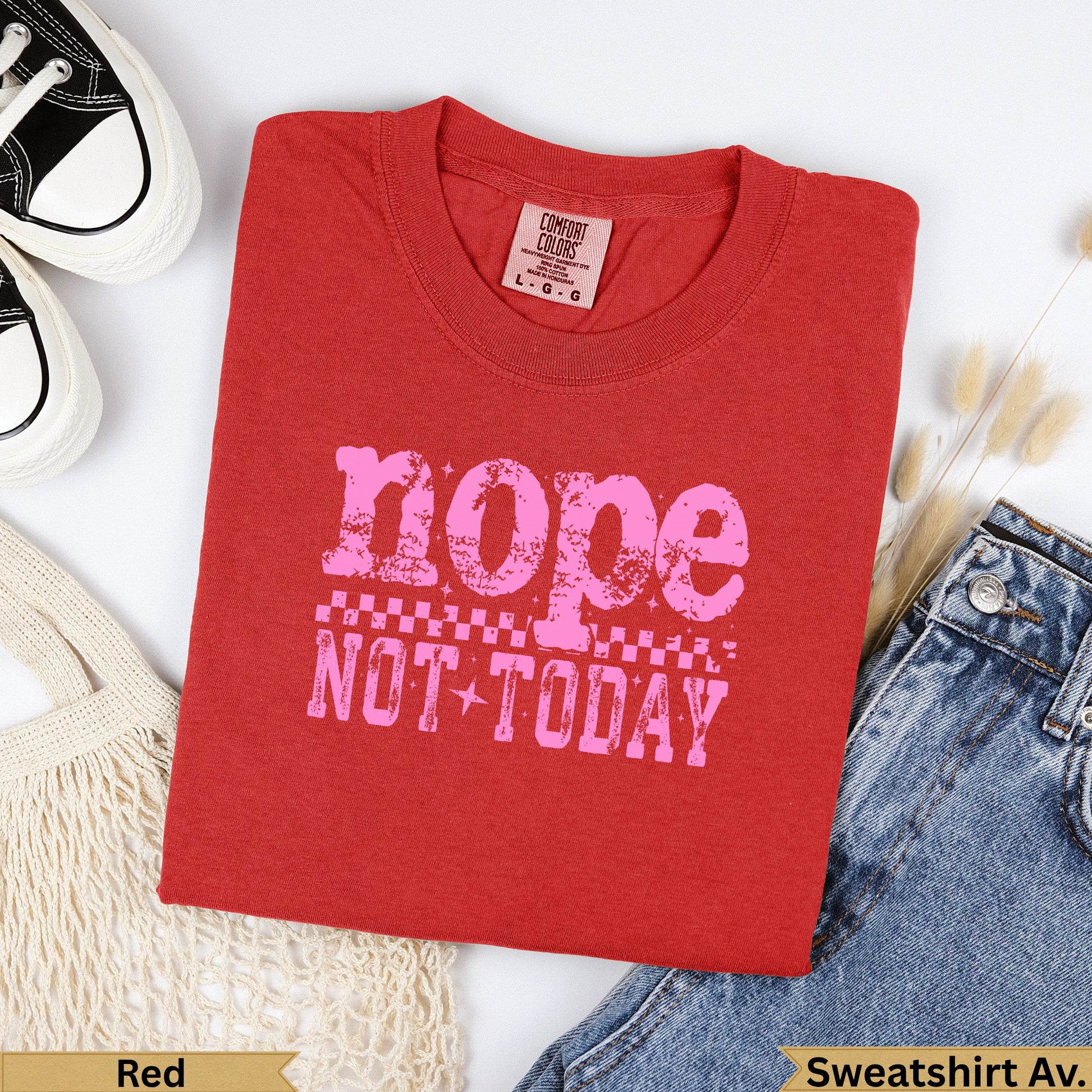 Red "nope NOT TODAY" graphic t-shirt with white checkered detail.