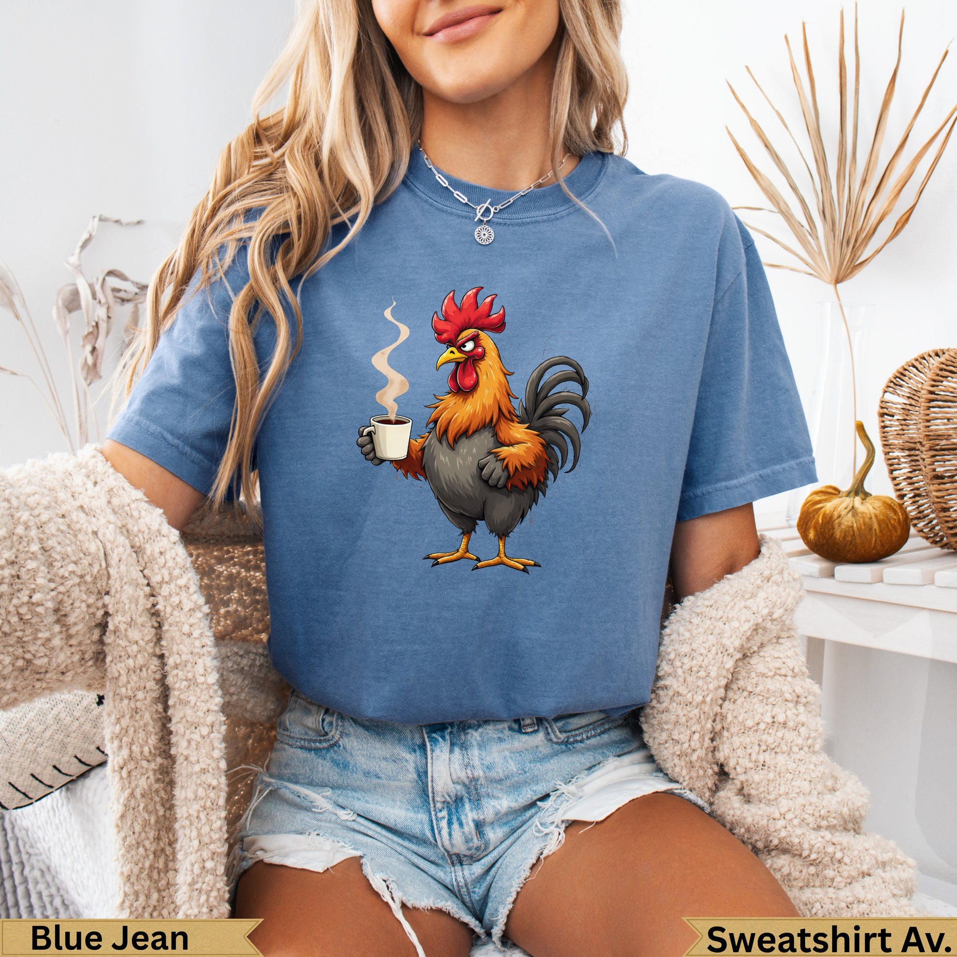 Cartoon rooster holding a steaming coffee cup.