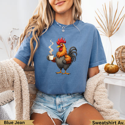 Cartoon rooster holding a steaming coffee cup.