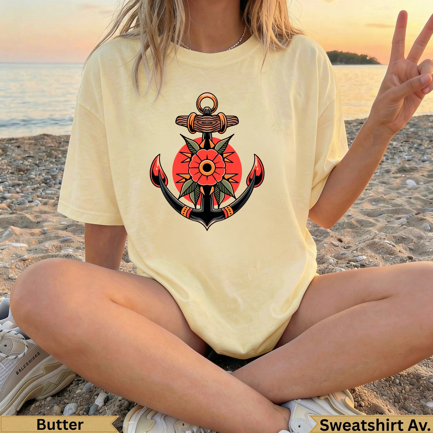 Yellow t-shirt with anchor and flower tattoo design.