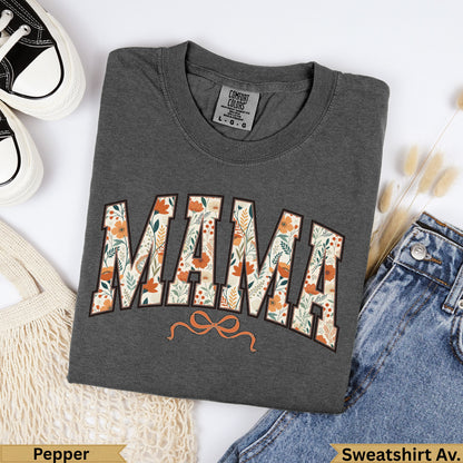 Dark gray sweatshirt with "MAMA" in floral pattern and a bow.