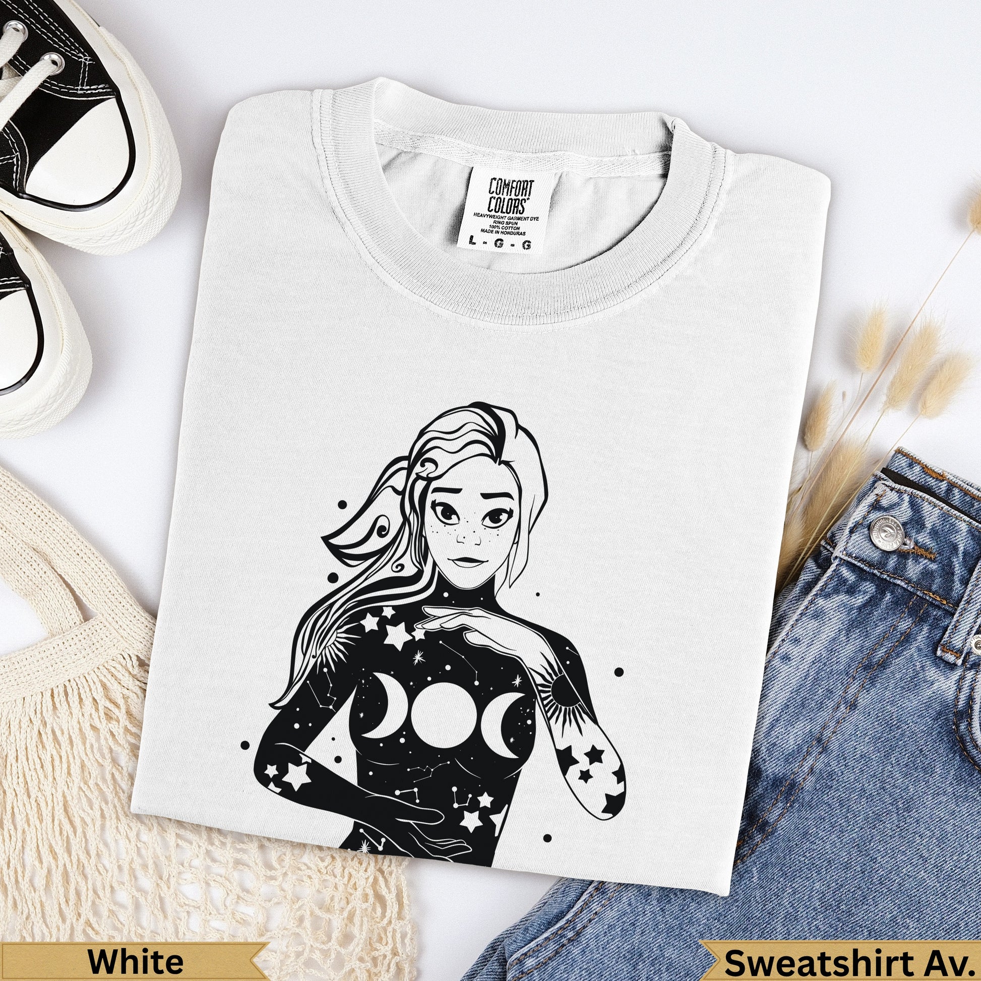 White Comfort Colors heavyweight t-shirt with celestial woman graphic.