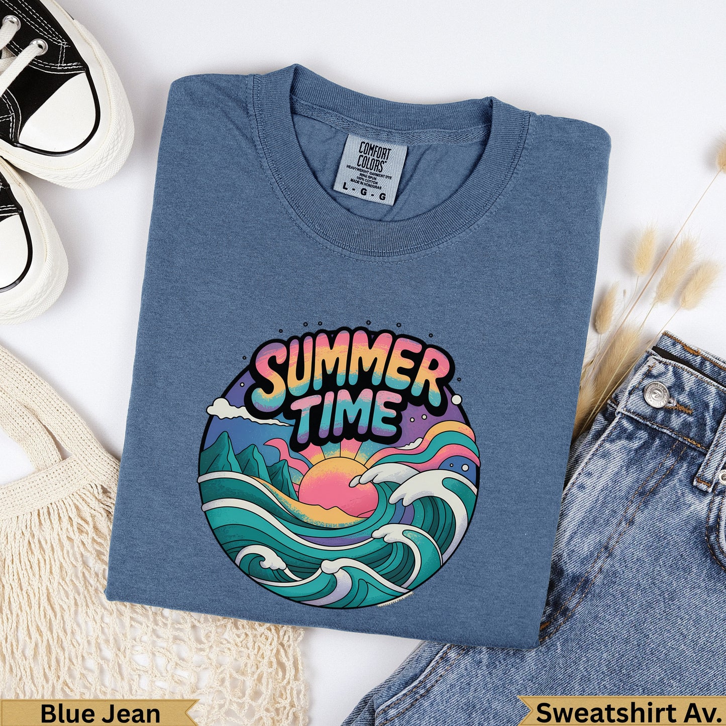 Blue jean crewneck sweatshirt with a colorful "Summer Time" graphic and waves.