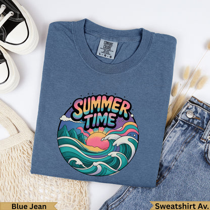 Blue jean crewneck sweatshirt with a colorful "Summer Time" graphic and waves.