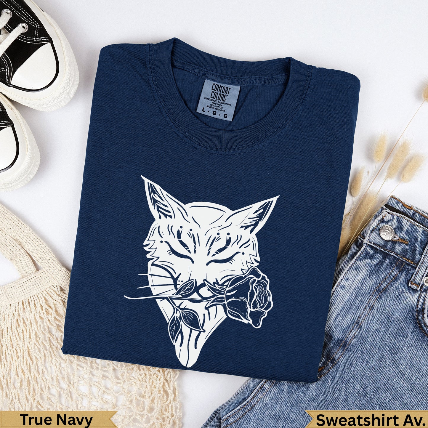 Navy t-shirt with white fox and rose graphic, "True Navy" and "Sweatshirt Av." text.
