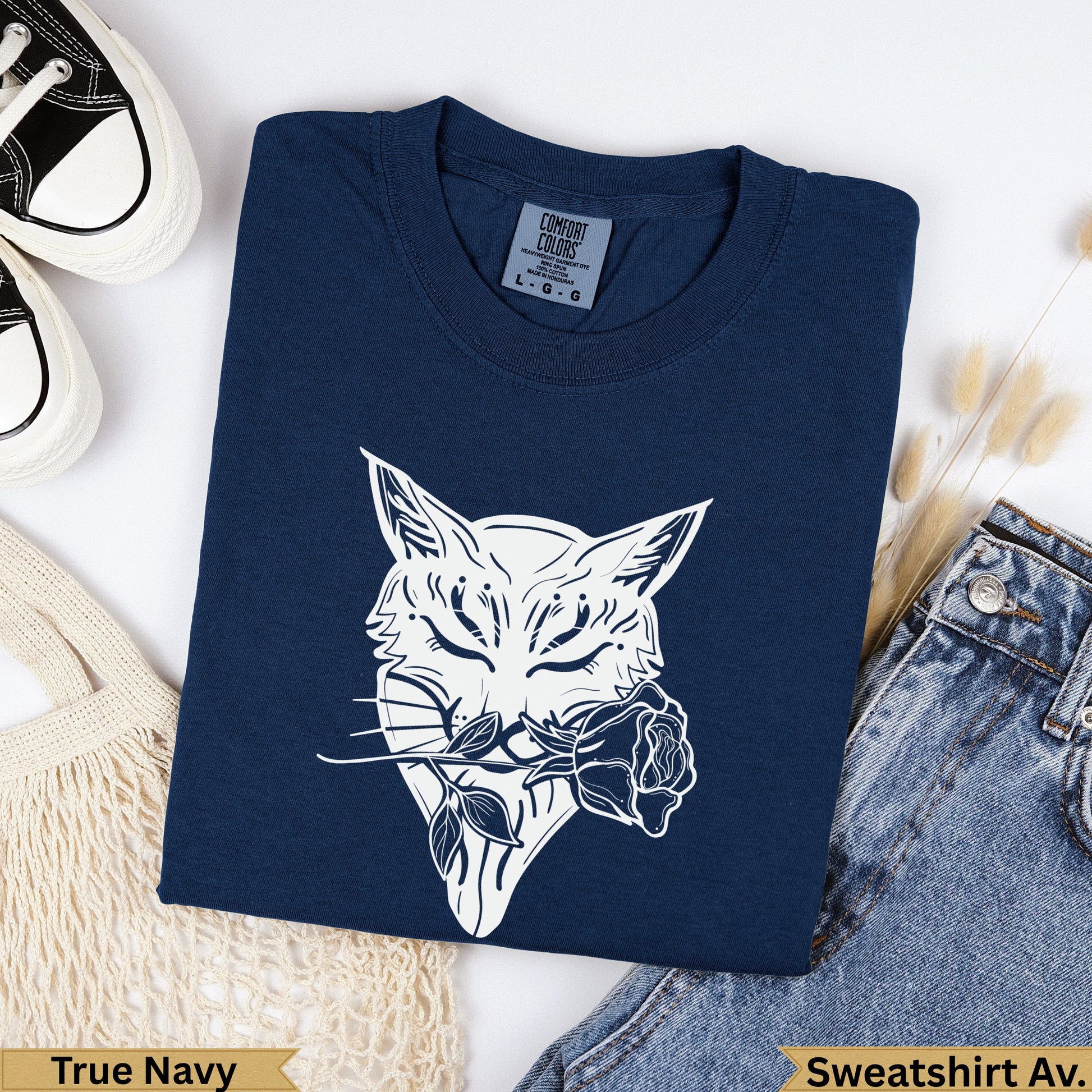 Navy t-shirt with white fox and rose graphic, "True Navy" and "Sweatshirt Av." text.