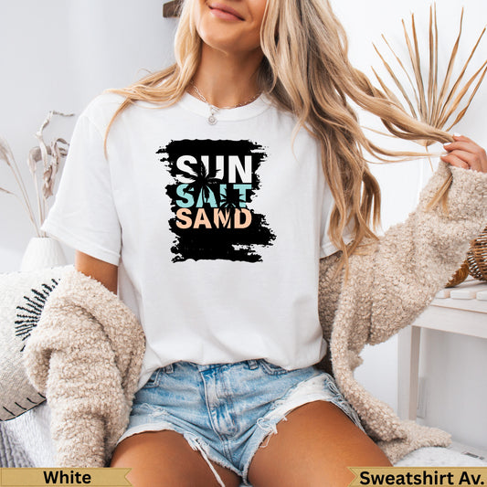 White t-shirt with "Sun Salt Sand" text and palm trees.