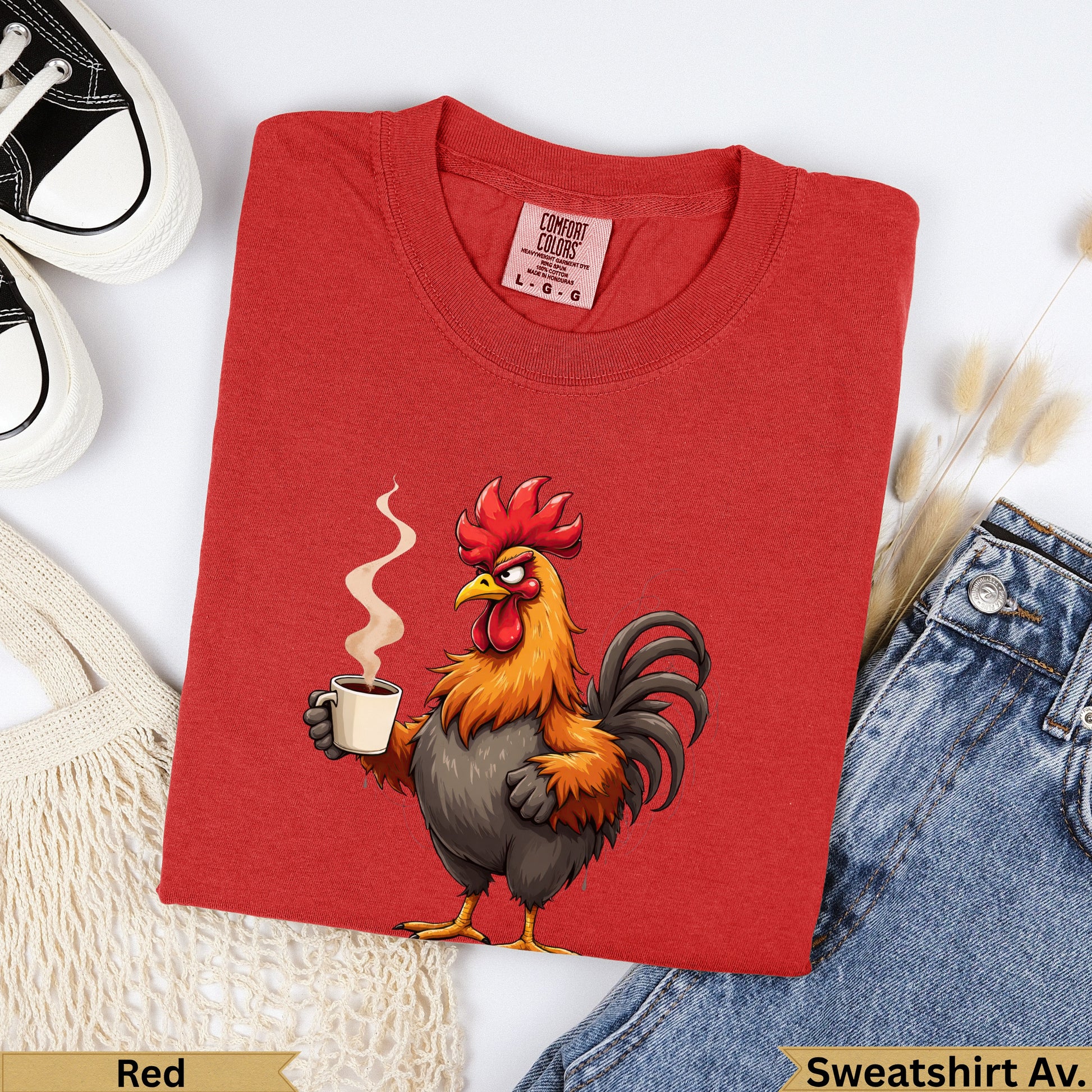 Red Comfort Colors sweatshirt with cartoon rooster holding coffee cup.