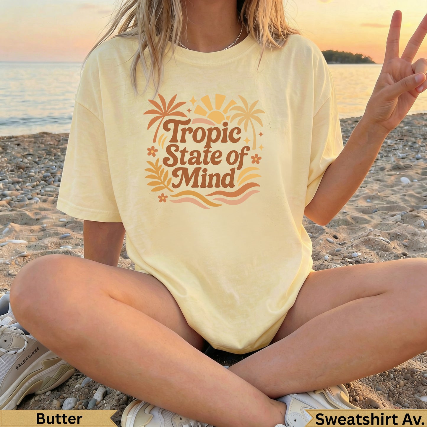 Yellow t-shirt with "Tropic State of Mind" text and palm trees.