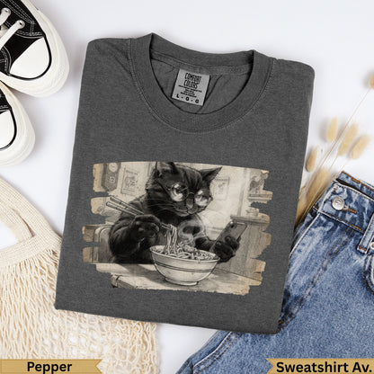 Dark gray Comfort Colors sweatshirt with a cat wearing glasses eating ramen noodles.