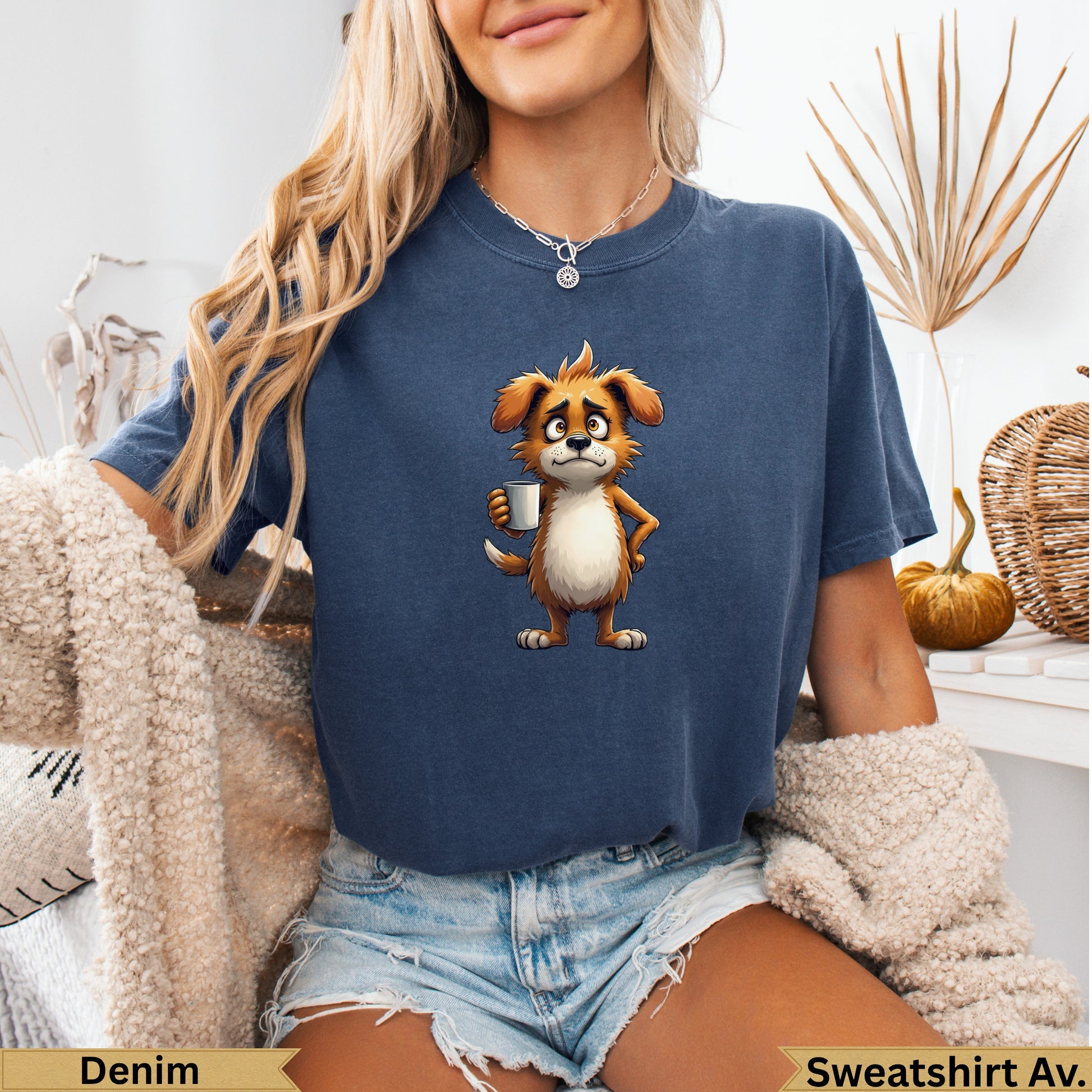 Cartoon dog with coffee cup on navy blue t-shirt.