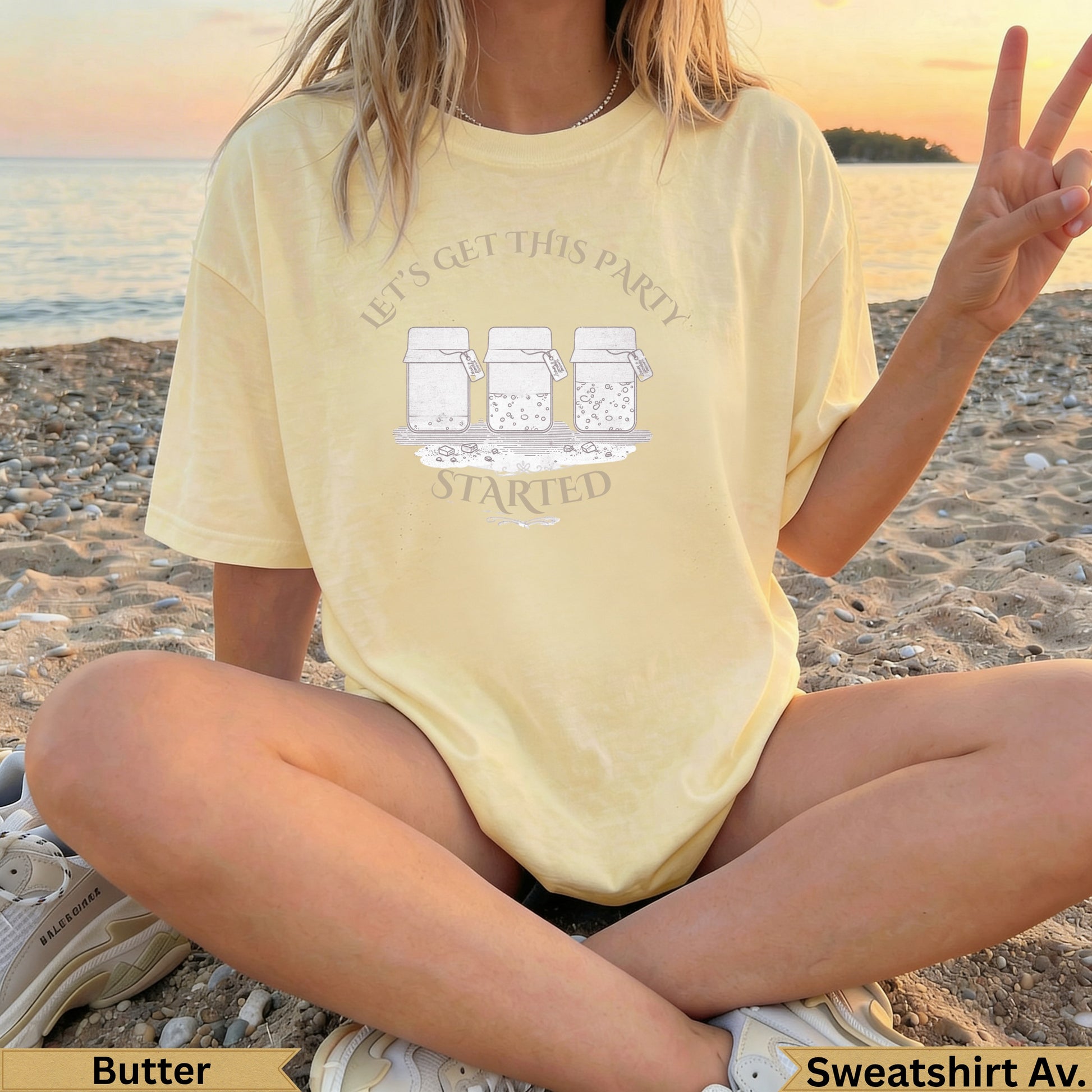 Yellow sweatshirt with "let's get this party started" and three jars graphic.