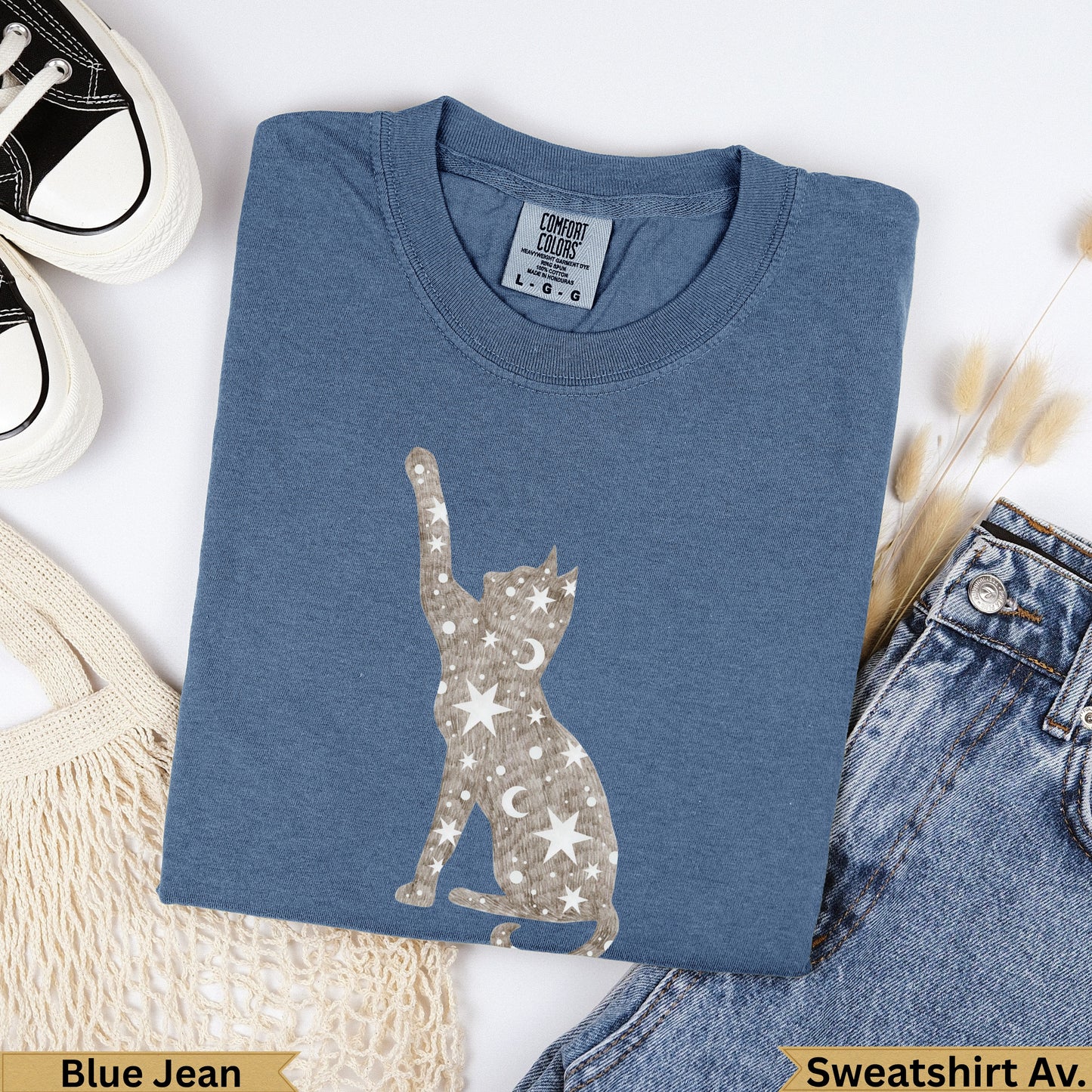 Blue Jean Comfort Colors cat graphic t-shirt, size L.