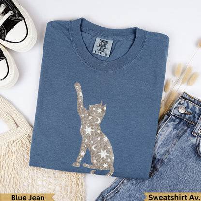 Blue Jean Comfort Colors cat graphic t-shirt, size L.